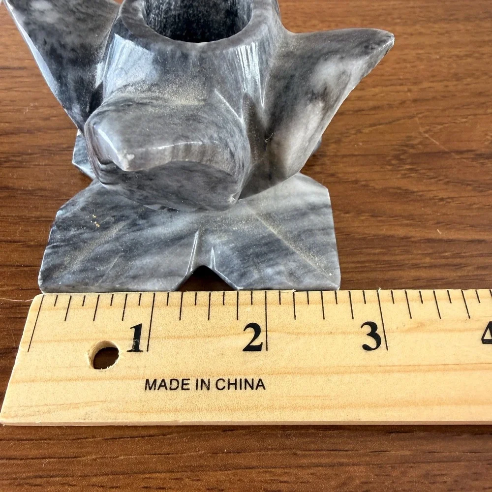 Pair Vintage Carved Marble Lotus Flower Candle Holders Gray Stone 3